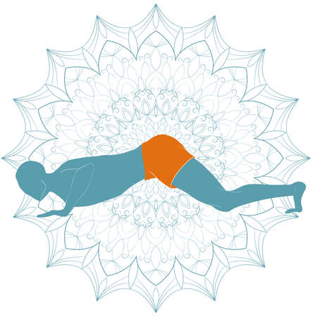 A man practicing yoga. Silhouettes with mandala on background. Ashtanga Namaskara or Eight Limbed pose, Caterpillar pose. Vector illustrationのイラスト素材