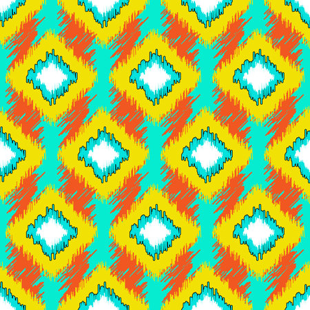 Seamless pattern with geometric ornament in Ikat style. Orange, yellow elements on blue background. Good print for wrapping paper, packaging design, wallpaper, ceramic tiles, and textileのイラスト素材