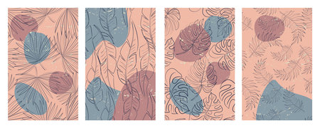 Set of posters with tropical leaves in pastel ink and blue colors. Vector illustration. Design...