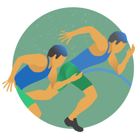 round composition with two running men. Logo o icon for sports competition. Vector illustration in...