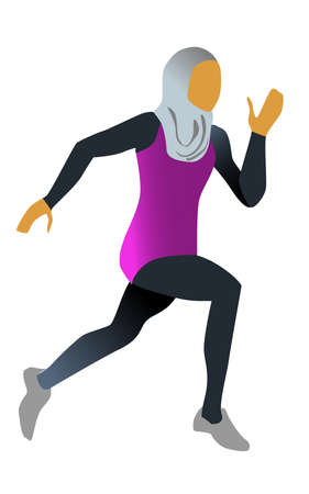 Vector illustration in flat minimalist style with running muslim women of different races. Preparing to sport competition.のイラスト素材