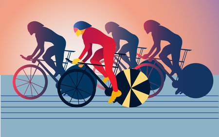 The group of cyclists at sunset or sunrise training or participating in some championship. Vector...