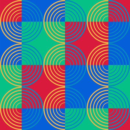 Seamless vector geometric pattern with concentric circles on bright background with colorful squares. Good print for wrapping paper, packaging design, wallpaper, ceramic tiles, and textile.のイラスト素材