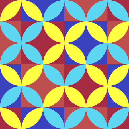 seamless vector pattern with crossing circles in retro vintage style. Blue, yellow, and brawn colors. Good print for wrapping paper, packaging design, wallpaper, ceramic tiles, and textileのイラスト素材