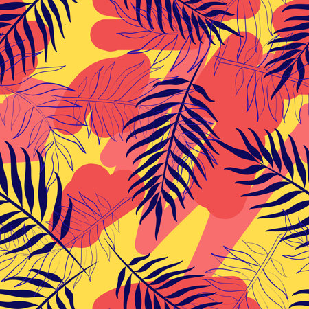 Seamless vector pattern with palm leaves in bright pink and blue colors. Tropical style background....