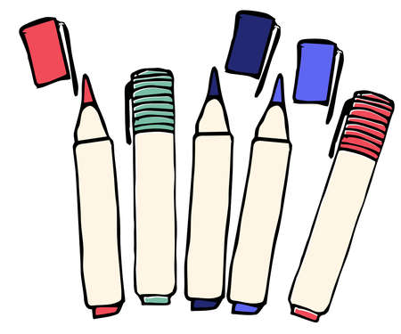 Vector illustration of felt pens of different colors. In simple childish hand-drawn style. Icon or logo designのイラスト素材