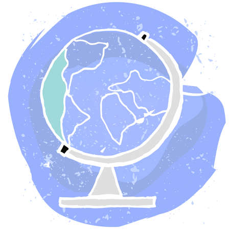 Simple sketch of globe icon. Vector illustration in simple flat style. The white line on blue watercolor background. Very soft and light tones. Logo design.のイラスト素材