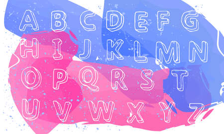 Hand-drawn alphabet in childish style with volume 3d letters. White lines on blue and pink watercolor background. Soft and light colors design. Vector illustrationのイラスト素材
