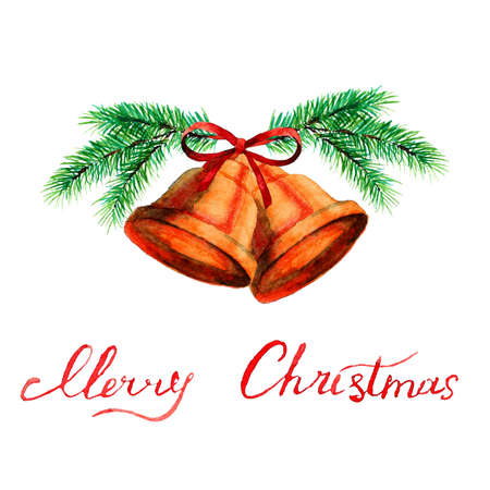 Watercolor illustration of Christmas bells with fir tree branches and hand-drawn lettering. Design elements for packaging design, logo, and symbolsの写真素材