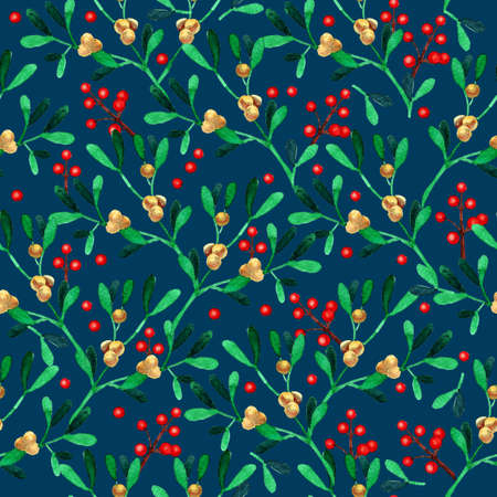 Seamless pattern with watercolor Christmas elements. Mistletoe branches, yellow and red berries. On deep blue background.の写真素材
