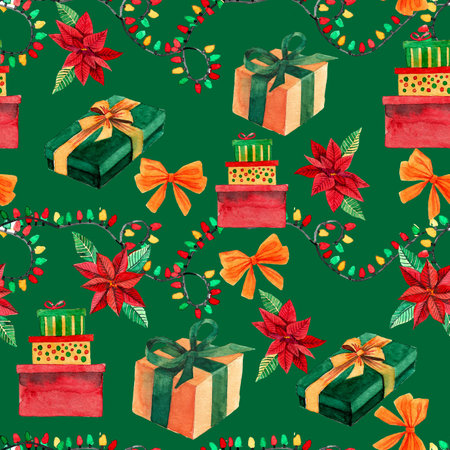 Seamless pattern with watercolor Christmas elements. Gift boxes, presents, poinsettia flowers, and fir tree branches. On green background. Texture for wrapping paper and packaging design.の写真素材