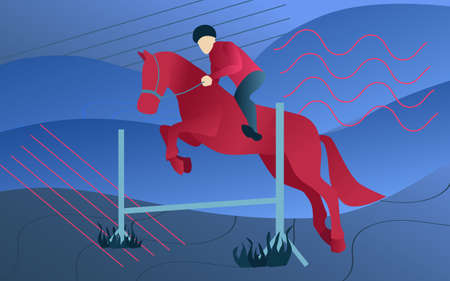Vector illustration equestrian sport. Jockey with horse jumping over the bar.のイラスト素材