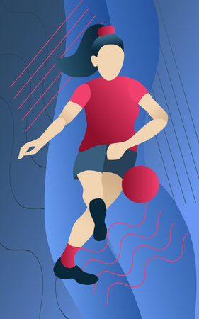 Simple vector illustration in flat style. A football woman kicks a ball. In crimson red and dark blue colors.のイラスト素材