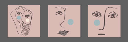 set of three arts with abstract faces in beige colors. Hand-drawn lines, simple shapes. Portrait line-art minimalist minimalistic elegant style. Design for wall decor, cover print. Vector illustrationのイラスト素材
