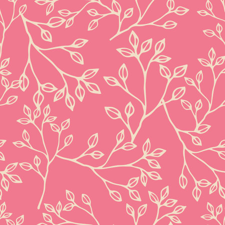 Seamless pattern with white outline drawings of meadow herbs on pink background. Twig with small leaves. Good print for wallpaper, textile, wrapping paper, ceramic tiles. Vector illustrationのイラスト素材