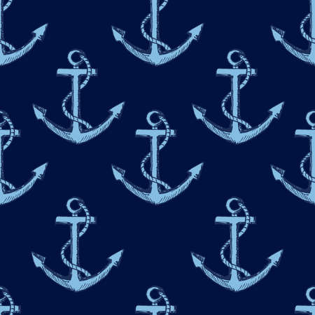 Seamless vector pattern with anchors. Blue outline sketches on dark blue background. Print design in coastal style. Packaging design, wrapping paper, all overprintsのイラスト素材