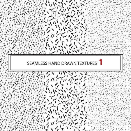 Set of three hand-drawn seamless black and white simple patterns. Dots, lines, and crosses. Backgrounds for website, blog, social network, banner, brochure, flyer and poster. vector textureのイラスト素材