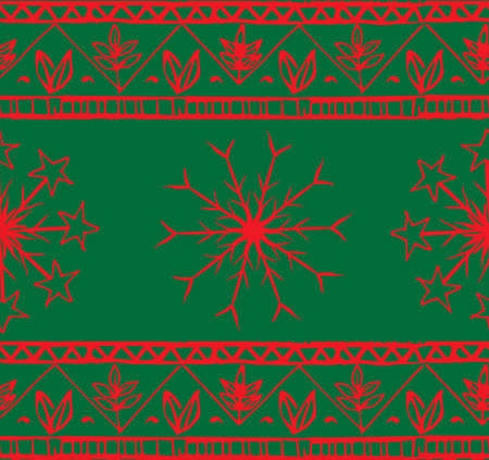 Seamless border in ethnic style with white snowflakes on a green background. Christmas packaging, prints design, wrapping gift paper.のイラスト素材