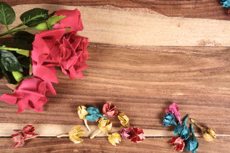 Valentine wooden background with hearts and flowersの写真素材