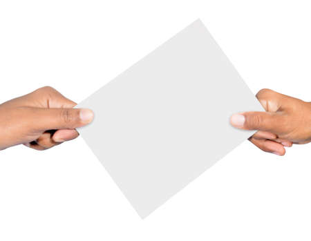 Hands holding card isolated on white background professionallyの写真素材