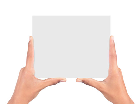 Hands holding card isolated on white background