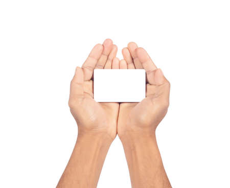 Hands holding card isolated on white background professionallyの写真素材
