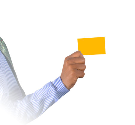 Hand holding card isolated on white backgroundの写真素材