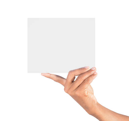 Hand holding card isolated on white background professionallyの写真素材