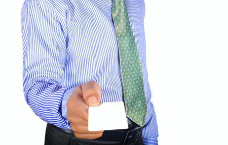 Hand holding card isolated on white background professionally