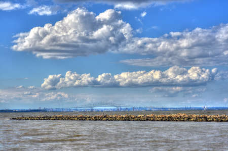 High Dynamic Range Landscape of the Chesapeake Bay with Baltimore City and Key Bridge in backgroundの写真素材