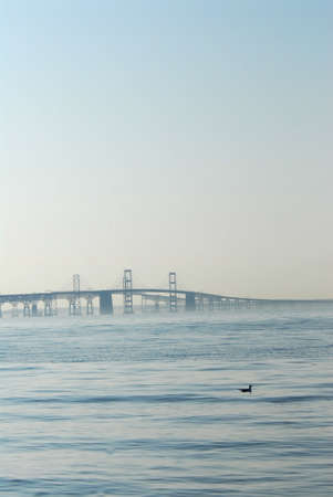 Chesapeake Bay Bridge in Maryland on a foggy dayの写真素材