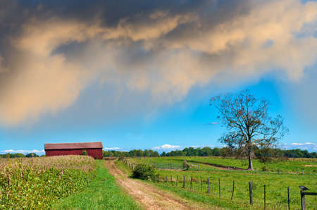 Maryland farm with an old dirt country road leading to a red barn during Springの写真素材