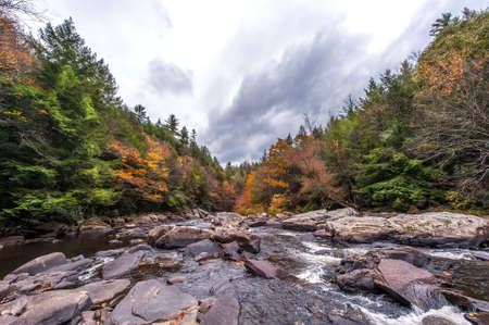 Wild river in the Appalachian mountains of Maryland during Autumn with vivid Fall colors and rapidsの写真素材