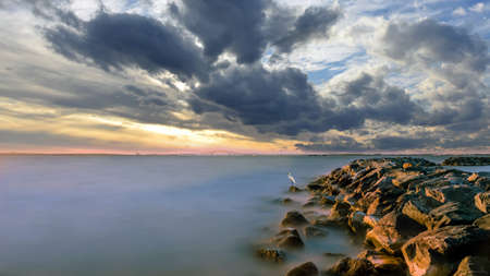 Stunningly beautiful Long Exposure of the Chesapeake Bay in Maryland at sunset with a Great Egret standing majestically at the End of a Rock Jetty looking out over the bay and the Key bridge in the backgroundの写真素材