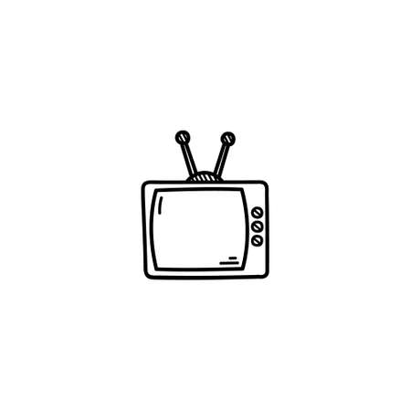 Hand Drawn TV doodle illustration icon. Outline hand drawn leaves with TV icon illustrations isolated on white background.のイラスト素材