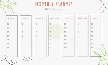 Monthly planner with abstract pattern design, vector. Modern design with stationery organizer for daily plans, floral vector weekly planner template, schedulesのイラスト素材