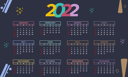 Calendar 2022 year set. Vector template collection. Simple design. Week starts on Sunday. January, February, March, April, May, June, July, August, September, October, November, Decemberのイラスト素材