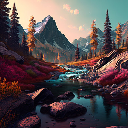 An illustration featuring colorful geometric mountains and forest, generative aiの素材