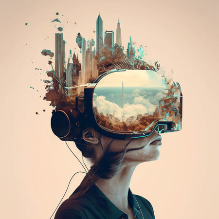 Illustration of Metaverse Exploration: A Futuristic VR Experience with Double Exposure, Generative AIの素材