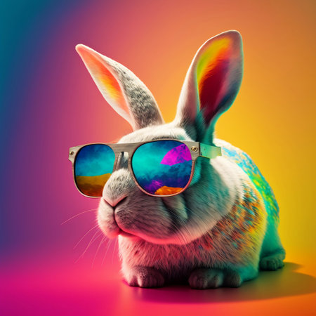 Whimsical Illustration of a Bunny with Sunglasses and Colorful Background, generated by AIの素材