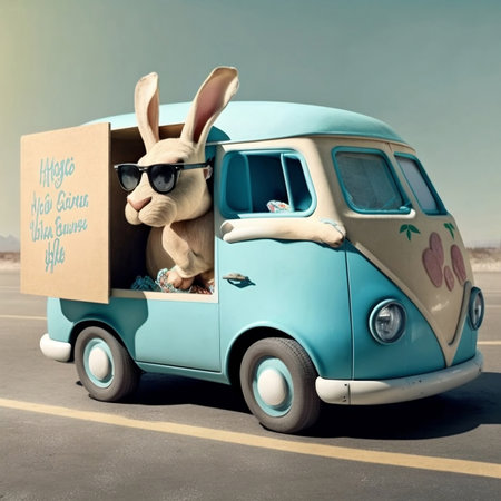 Cool and confident Easter bunny, sporting a pair of stylish shades, zips around town in a festive delivery car, spreading joy and delivering colorful Easter eggs to all the lucky recipients, Generative Aiの素材