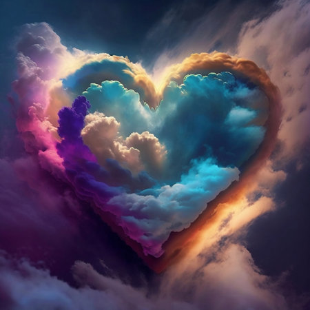 A stunningly beautiful and vibrant heart shape is depicted in the clouds, creating a striking abstract background, Generative Aiの素材