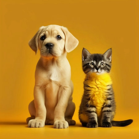 Cute cat and dog are seen together on a yellow background, providing ample space for copy, Generative Aiの素材