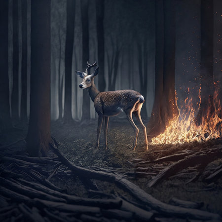 The illustration depicts a deer in a dark forest with a fire burning in close proximityの素材