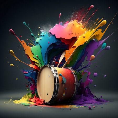 Energetic explosion of drums painted in a rainbowの素材