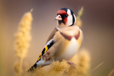 A Goldfinch Lugano standing on the grass, with an out-of-focus backgroundの素材