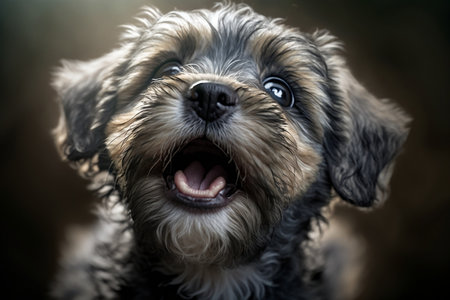 Vertical Closeup of a Schnoodle Puppy Open Mouth.の素材