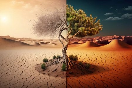 A Climate Change Concept Illustration Depicting the Impact of Arid Land on Tree and Environmentの素材