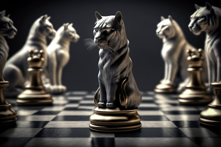 Strategic Leadership Concept with Royal Cat King Chess Pieces on Chessboard, Generative Aiの素材