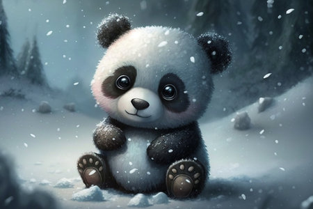 Fantasy Cartoon of a Cute Panda Baby Playing in Winter Snowの素材